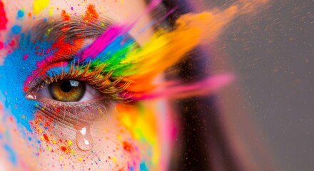 Colorful Paint Splattered Eye Closeup.