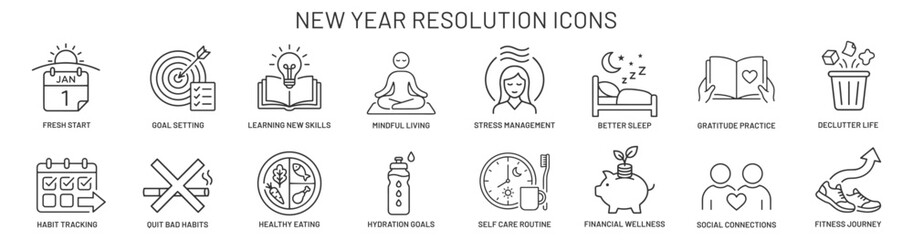 New year resolution line icon set with calendar, goals, meditation, healthy eating, finance and fitness symbols for self improvement planners