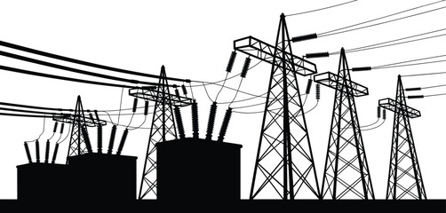High voltage power transmission towers and substation silhouette illustration, industrial electricity infrastructure and energy distribution concept, black and white vector