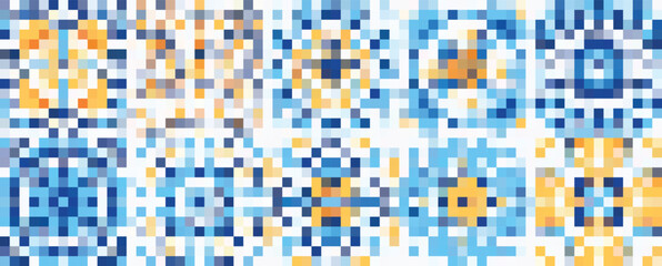 Fototapeta premium Abstract pixel art pattern with blue and orange geometric shapes creating a modern digital background