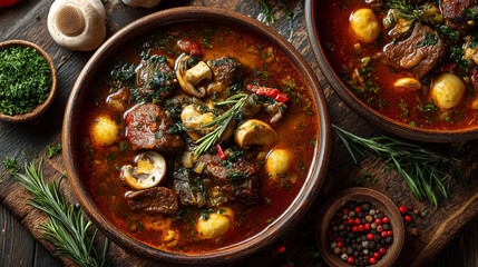 Buckwheat porridge with pieces of meat and mushrooms on a dark wooden background. Top view.