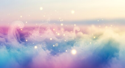 Pastel Rainbow Foggy Clouds Background with Shimmering Lights.