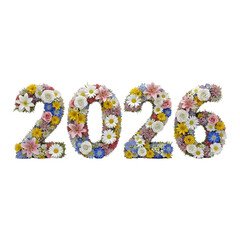 Beautifully rendered '2026' numbers composed entirely of diverse, colorful flowers, symbolizing hope, renewal, and the vibrant anticipation of the upcoming new year