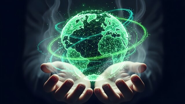 Digital world globe held in human hands. Global connectivity and environmental protection. Glowing green planet with data networks representing international business and ecology