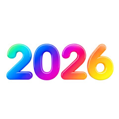 A bright, colorful 3D render of the year 2026 displayed as large, bubbly numbers against a white background