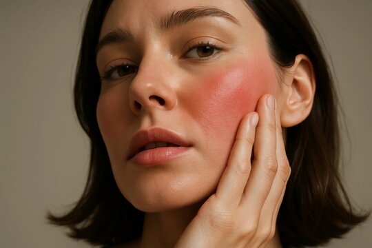 Young woman touching flushed red cheek, closeup beauty portrait showing facial skin irritation, sensitivity or possible allergy.