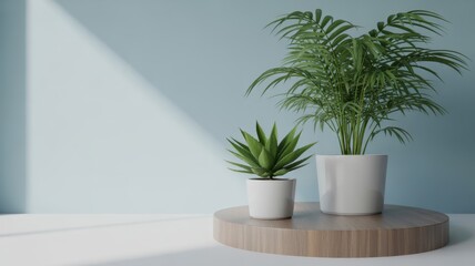 Obraz premium Plant Duo with minimalist theme: Two vibrant potted plants, elegantly placed on a natural wooden pedestal, enhance a clean, modern interior space with their fresh.