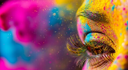 Woman's Eye with Colorful Paint Splatter Holi Festival Vibrant Makeup.