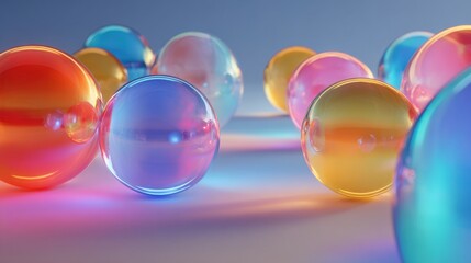 Vibrant glass spheres on gradient surface with colorful reflections
