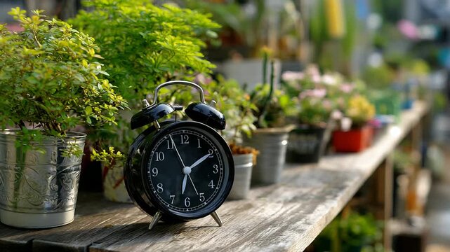 Clock ticking among potted plants in greenhouse