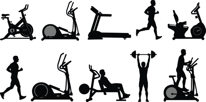 Professional Fitness Silhouettes Featuring Gym Equipment Treadmill Elliptical Stationary Bike Weightlifting Exercise Machines And People Working Out For Healthy Lifestyle Icons