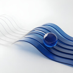 Title: Deep Blue Glass Sphere Resting on Fluid Transparent Waves Category: Abstract 3D Graphics / Digital Art.