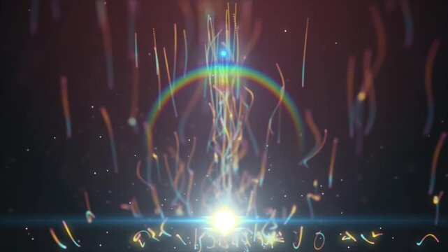 Abstract light particles and glowing wavy lines rising with rainbow lens flare on dark background