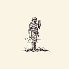 Obraz premium Vintage hand-drawn illustration of a bandaged mummy standing beside an owl perched on a branch, with scattered human skulls at its feet in a dark engraving style