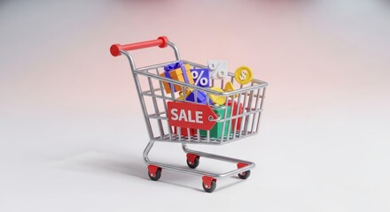 Shopping Cart Full of Discount Signs.