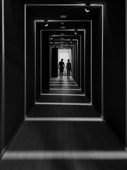 Silhouettes of two people in a corridor. Black and white image with bright light coming from behind and from few ambient lights. Couple walking away from the camera. Lens facing against the light.