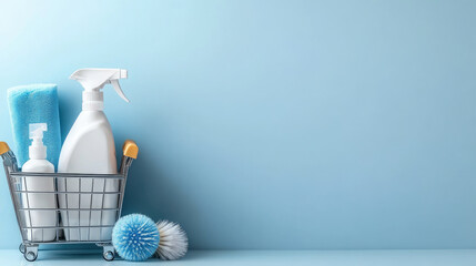 set of cleaning products and detergents in shopping cart, home hygiene and housekeeping concept, household supplies for cleanliness and maintenance, retail shopping, copy space,
