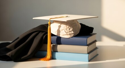 Graduation mortarboard and gown on stacked books in warm sunlight.