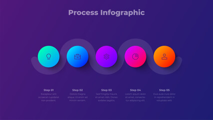 5 Steps Process Infographic Diagram Presentation Template on Dark Background, Modern Horizontal Workflow with Five Step Options Vector