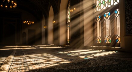 Sunlight streaming through mosque windows casting patterned shadows on carpet.