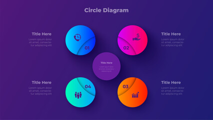 4 Steps Circle Diagram Presentation Template with Four Step Process Options on Dark Background Vector