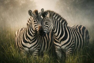 Two zebras nuzzling in misty grassland at sunrise, intimate wildlife moment highlighting bonding, serenity, and natural beauty.
