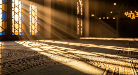 Sunlit mosque interior with patterned prayer rugs and ornate stained glass windows.
