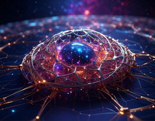 Futuristic, glowing sphere with intricate network structure, dark background