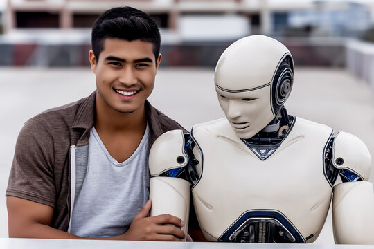 Young man with dark hair smiling beside humanoid robot, showcasing advanced technology and companionship in a modern urban environment, illustrating human-robot interaction