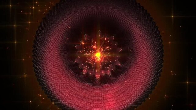 Red abstract geometric floral mandala motion graphic with glowing golden particles on black background