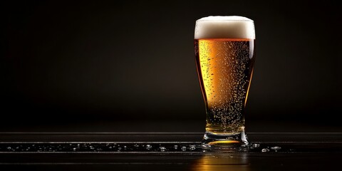 A glass of golden beer with creamy foam glowing in darkness, ideal for branding and advertisements.