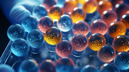 Close up of clinical lab diagnostics with colorful collection tubes in a blurred lab setting