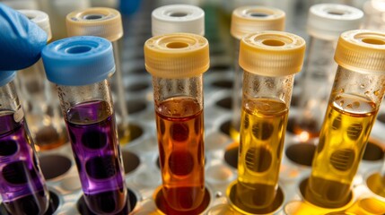 Close up of clinical laboratory diagnostics  a gloved hand holding colorful sample collection tubes