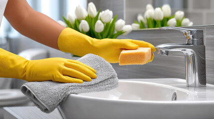 Cleaning lady cleaning sink, professional sanitation and hygiene concept, toilet maintenance, cleaning and housekeeping, stock photography style
