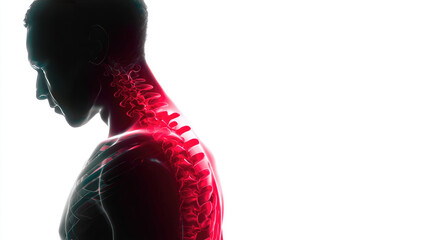 Person feeling neck and back pain, bones glowing with blue light, representing inflammation, injury, or therapy, focusing on concepts of spinal health and medical care