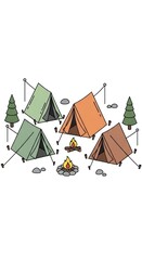 Colorful campground scene with several tents around a campfire in a pine forest.