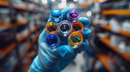 Close up of clinical laboratory diagnostics with colorful sample tubes in a blurred lab setting