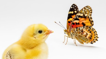 Yellow chick and butterfly on a white background in a delicate, curious moment.