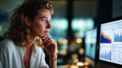 Faceless businesswoman analyzing financial data on computer screen, studying charts and graphs for strategy development in modern office, corporate planning work, defocused professional, with