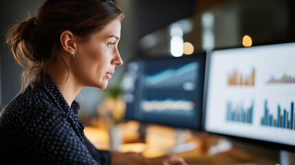 Faceless rear view of female data analyst looking at bunch of data visualization and various graphs on three computer screens, women analyze financial markets looking serious, defocused back,