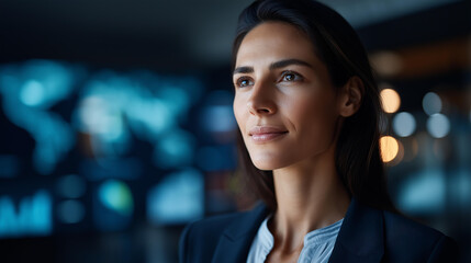 Faceless attractive young woman in business attire standing in front of digital logistics dashboard in office, sharp gaze fixed on data with charts and shipping routes glowing, defocused face,
