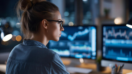 Faceless rear view of female data analyst looking at bunch of data visualization and various graphs on three computer screens, women analyze financial markets looking serious, defocused back,