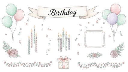 Pastel watercolor birthday celebration scene with balloons, banners, gifts and confetti in soft decorative arrangement.