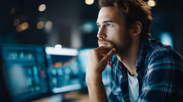 Faceless thoughtful man analyzing data on computer screens, contemplative analyst professional, focused business intelligence worker, concentrated data reviewer, defocused person reviewing, with - Powered by Adobe