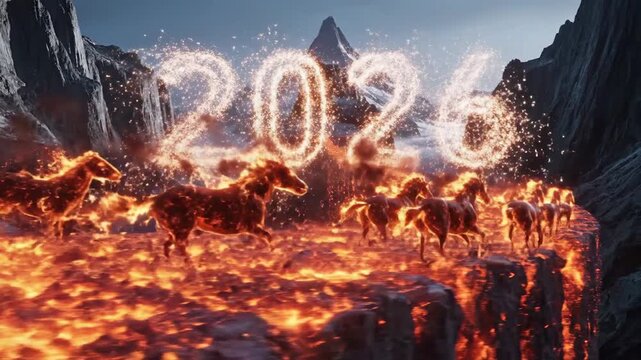 Lunar New Year 2026 Horse Shio Celebration with Horses Running through a Fiery Mountainous Landscape in 4K