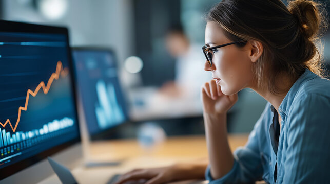 Faceless advisor financial business analytics woman with data dashboard graphs, female analyst professional, performance metrics review, corporate intelligence work, defocused person, with copy - Powered by Adobe