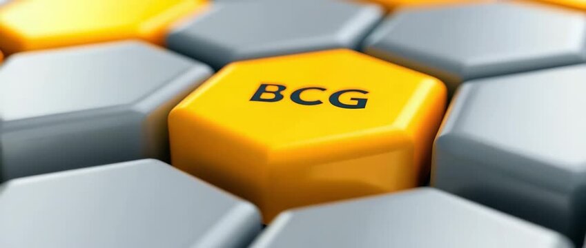 BCG Acronym on Hexagon Button in Yellow and Grey Pattern
