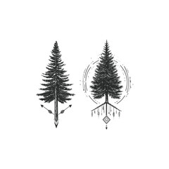 Vintage hand-drawn engraving of a tall, symmetrical pine forest tree featuring minimalist geometric tribal symbols and arrows at its base in a clean monochrome style.