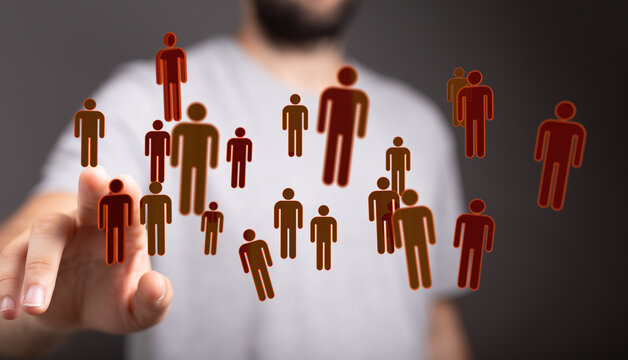 Connecting people, digital teamwork, business and global network concept. Touch or pointing finger on human icons, social media, cooperation and - Powered by Adobe