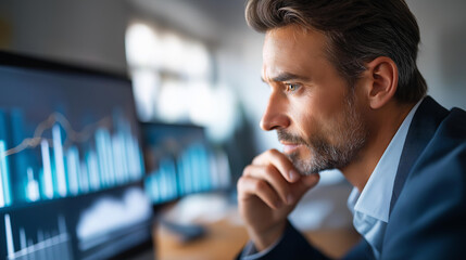 Faceless businessman analyzing charts on screen focusing on financial data trends and insights for strategic planning and decision-making, analytics review work, defocused person, with copy space